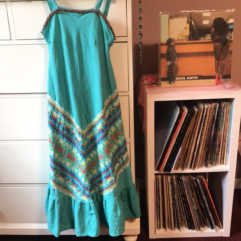 Free People Linen Aztec Embroidered Sundress Apron Rare Vintage Y2k Midi Western
